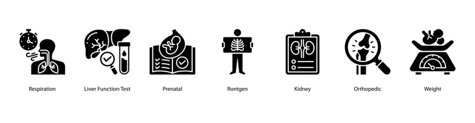 Clinical Health Monitoring web banner icon vector illustration featuring Respiration, Liver Function Test, Prenatal, Rontgen, Kidney, Orthopedic, and Weight for comprehensive body system checks.