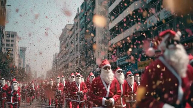 Festive Santa Claus parade dancing through city streets with confetti creating a joyful Christmas celebration, perfect for holiday marketing campaigns