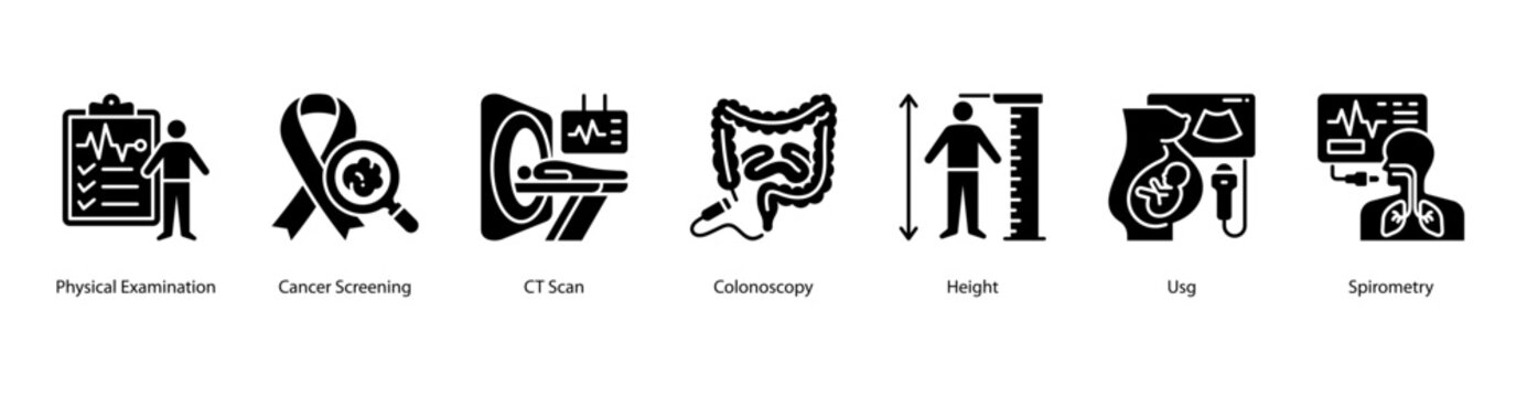 Comprehensive Health Screening web banner icon vector illustration featuring Physical Examination, Cancer Screening, CT Scan, Colonoscopy, Height, Usg, and Spirometry for complete medical evaluation.