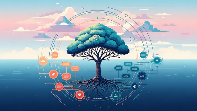 A tree with ai on it surrounded by digital icons against a pastel sky and blue water background ai generated
