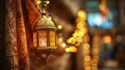Golden Ramadan lantern gently swinging in a warm, inviting space, creating a festive and spiritual ambiance for celebrations and gatherings