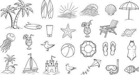 Summer holiday beach travel essentials icon collection