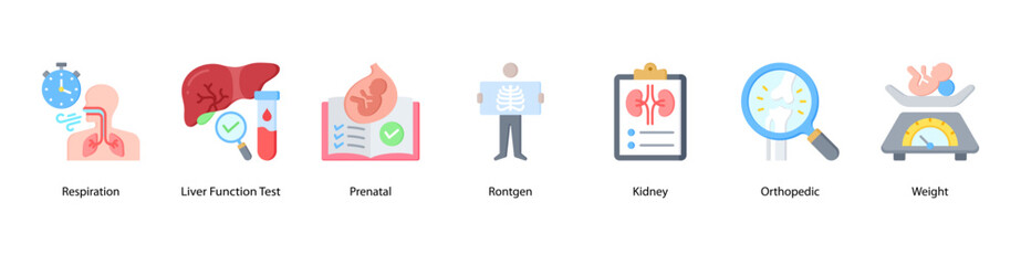 Obraz premium Clinical Health Monitoring web banner icon vector illustration featuring Respiration, Liver Function Test, Prenatal, Rontgen, Kidney, Orthopedic, and Weight for comprehensive body system checks.