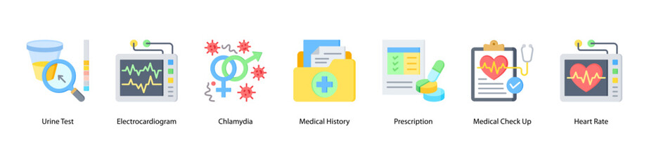 Diagnostic and Vital Tracking web banner with Urine Test, Electrocardiogram, Chlamydia, Medical History, Prescription, Medical Check Up, and Heart Rate to support active health monitoring.