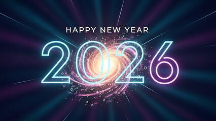 A happy new year greeting card with the year 2026 in neon lights and a swirling galaxy background ai generated