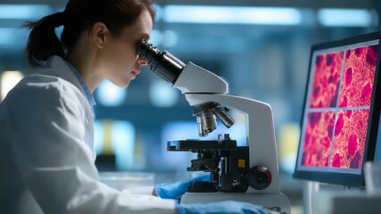 A female scientist examines biological samples through a microscope in a modern laboratory, focusing on cellular research. Digital images of cells are displayed on a computer monitor beside her