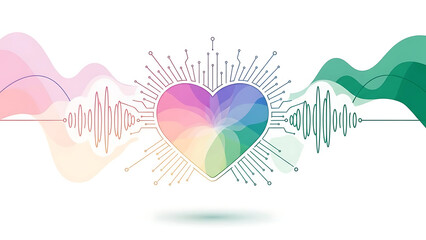 A digital heart with colorful waves and circuit connections on a white background design concept ai generated