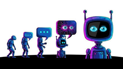 Evolution of ai robots from primitive to advanced with speech bubbles as heads on white backdrop ai generated