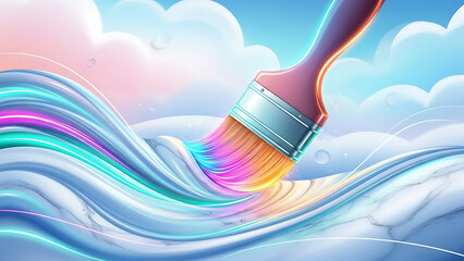 A paintbrush creating colorful strokes on a wavy surface with a cloudy sky background art concept ai generated