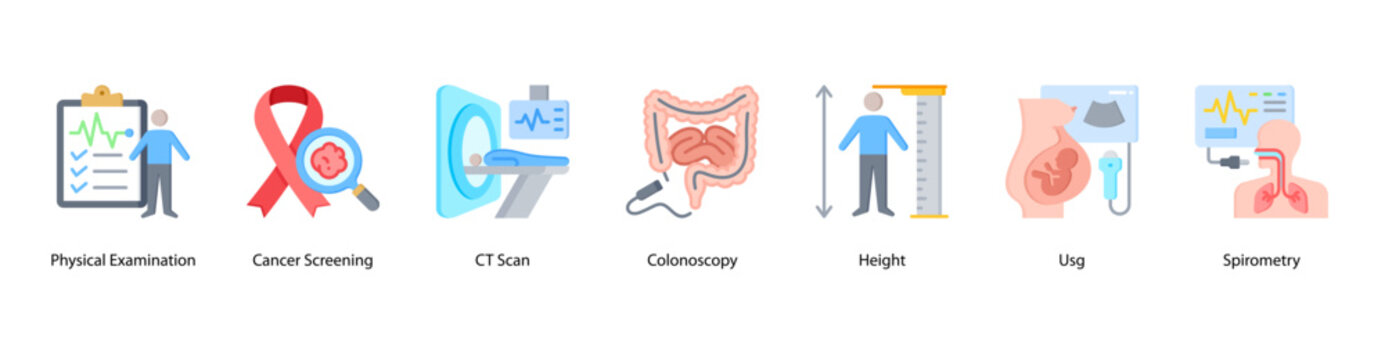 Comprehensive Health Screening web banner icon vector illustration featuring Physical Examination, Cancer Screening, CT Scan, Colonoscopy, Height, Usg, and Spirometry for complete medical evaluation.