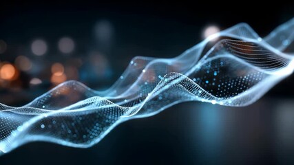 Abstract digital wave glowing particles flows smoothly in futuristic dark environment, representing data transmission, technology. Modern visualization artificial intelligence, innovation trends - Powered by Adobe