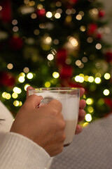 Cup of Hot Beverage With Christmas Lights in Background. Woman Holding a Mug in a Festive Living Room