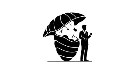 Silhouette of a businessman standing next to a cracked egg in a black and white illustration ai generated