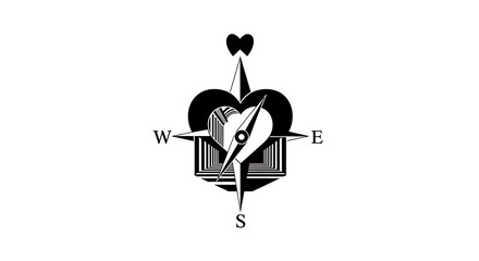 A compass with a heart shape and a geometric tunnel design in black and white on a white background ai generated