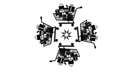 Four shopping carts filled with gifts arranged around a starburst design in black and white ai generated