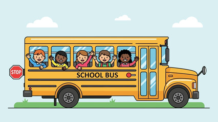 School bus carrying diverse children waving and smiling on a sunny day with clouds - transportation