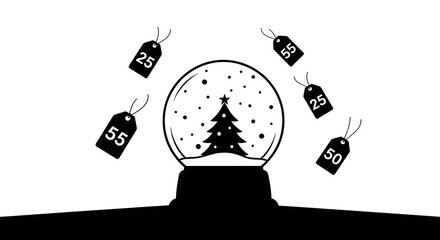 A snow globe with a tree inside and price tags floating around in a black and white illustration ai generated