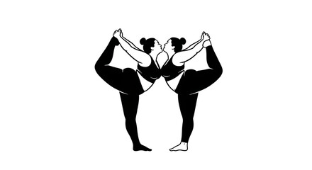 Two women in yoga pose touching toes in black and white minimalist illustration style design art ai generated