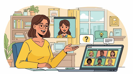 Young professional woman actively participates in an important online video conference meeting from her modern home office, staying connected and collaborating virtually with a diverse team
