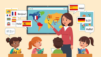 Joyful children engage in a vibrant language learning class, exploring global communication with their enthusiastic teacher and a diverse array of international greetings on a digital map