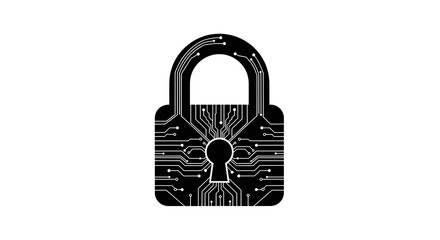 A black padlock with circuit board pattern on a white background security illustration ai generated