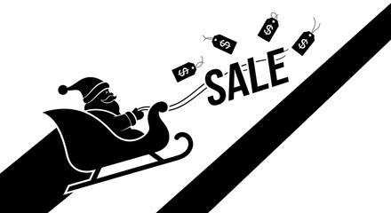 Santa in sleigh with sale text and price tags in black and white graphic design promotion image ai generated