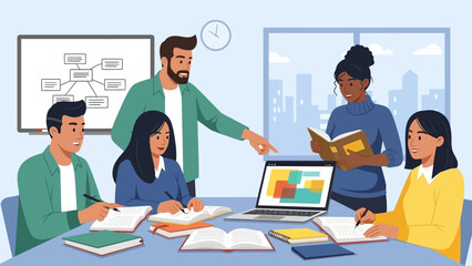 Diverse students and an instructor engaging in dynamic educational collaboration, fostering a productive learning environment with technology and textbooks