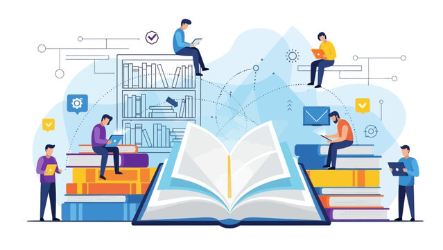 Conceptual illustration of individuals acquiring knowledge from books and digital resources. This dynamic graphic symbolizes modern education, intellectual development, and continuous learning