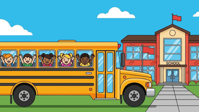 Back to school cartoon illustration of a yellow bus full of happy children arriving at a red school building