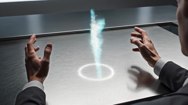 Person interacts with holographic digital interface projected above metallic table surface using handheld devices and finger gestures