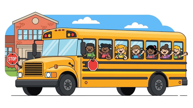A cheerful yellow school bus filled with diverse, happy children waving on their way to the school building in the background