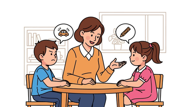 An adult engages in a thoughtful conversation with two young children, fostering communication and cognitive development