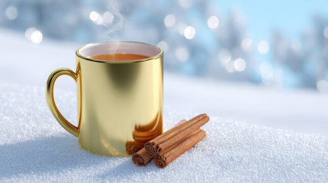 Golden mug filled with steaming beverage placed on snow, accompanied by cinnamon sticks, creating a cozy winter atmosphere with a blurred frosty background