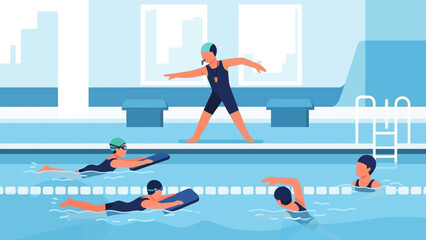 Group of children learning to swim with an instructor at an indoor pool during a fun and active aquatic training session