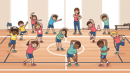 Diverse group of kids and an instructor doing warm-up stretches in a school gym, emphasizing physical education, health, and active learning for children