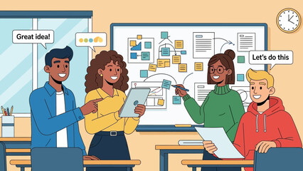 Illustration of a creative business team working together, sharing ideas and developing a successful plan in a workshop