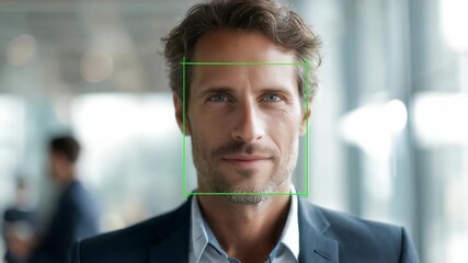 Confident middle aged man with a slight smile standing indoors, wearing a suit, with a digital facial recognition frame overlay. Modern technology and business environment concept - Powered by Adobe