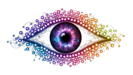 A stylized eye with a galaxy inside and connected colorful spheres on a white background ai generated