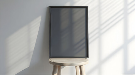 Minimalist Empty Black Framed Mirror on Wooden Stool in Bright Sunlit Room