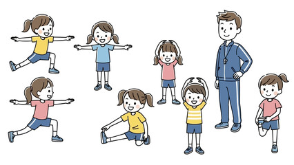 Happy children and their physical education instructor engage in warm-up stretches, promoting fitness, flexibility, and healthy activity for a joyful and active lifestyle