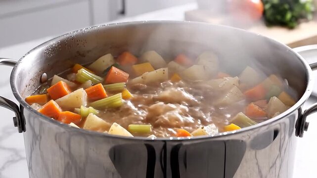 Hearty Stew Simmering in a Large Pot on a Stove Top.
