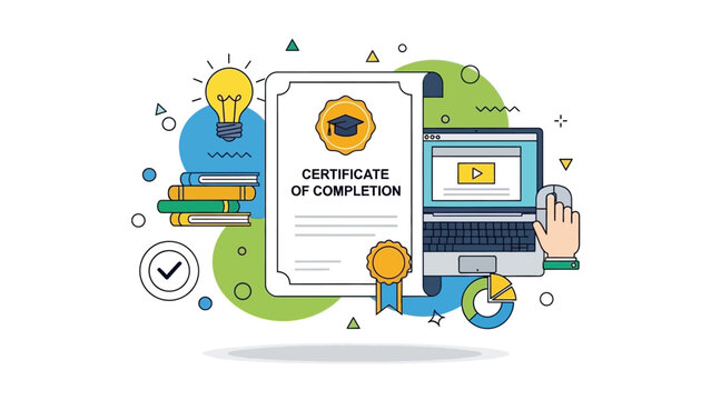 Digital education and online course completion concept, featuring a detailed certificate awarded for successful learning achievements