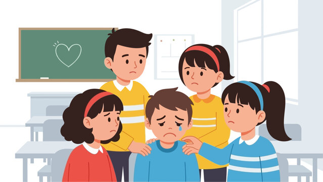 Sad boy being comforted by classmates in a classroom, symbolizing empathy and support - Powered by Adobe