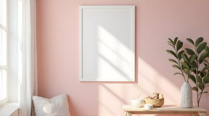 Minimalist Interior Decor with Pink Wall and Green Plant