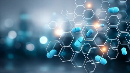 Futuristic digital illustration of blue capsules and hexagonal molecular structures representing innovation in pharmaceutical technology. Abstract science background with blurred cityscape - Powered by Adobe