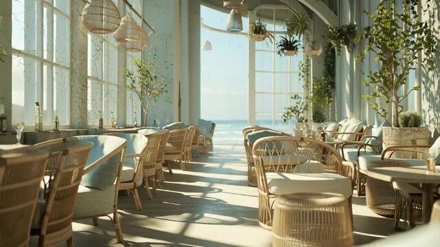 Relaxing ocean view from elegant coastal cafe, perfect getaway for brunch with friends in natural light, calm seaside dining experience