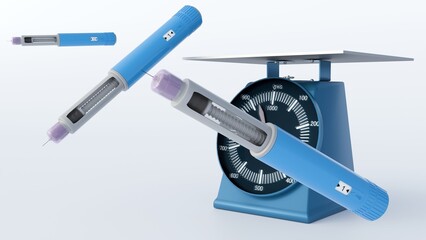 3D rendering of an injection pen and a table scale, highlighting the importance of precise dosage in medicine delivery. 