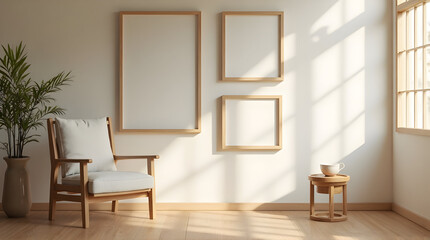 Minimalist Living Room with Wooden Frame Wall Art and Sunlight Streaming Through Window