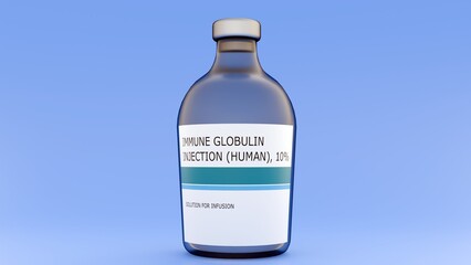 A 3D rendering of a glass vial of intravenous immunoglobulin (IVIG), a liquid drug used to treat immunodeficiency or autoimmune conditions.