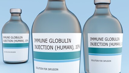 A 3D rendering of a glass vial of intravenous immunoglobulin (IVIG), a liquid drug used to treat immunodeficiency or autoimmune conditions.